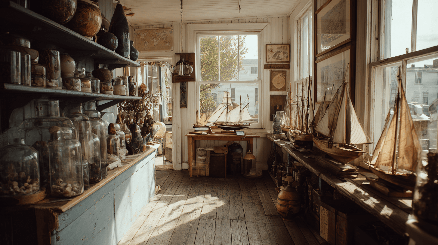 Interior of a cozy Maine antique shop, afternoon light through wavy old glass windows onto shelves of maritime antiques — glass floats, ship models, old charts