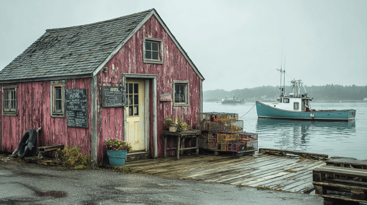 Weathered red lobster shack on a working dock in a small Maine harbor, lobster traps stacked to one side, a single boat moored in the grey-green water behind