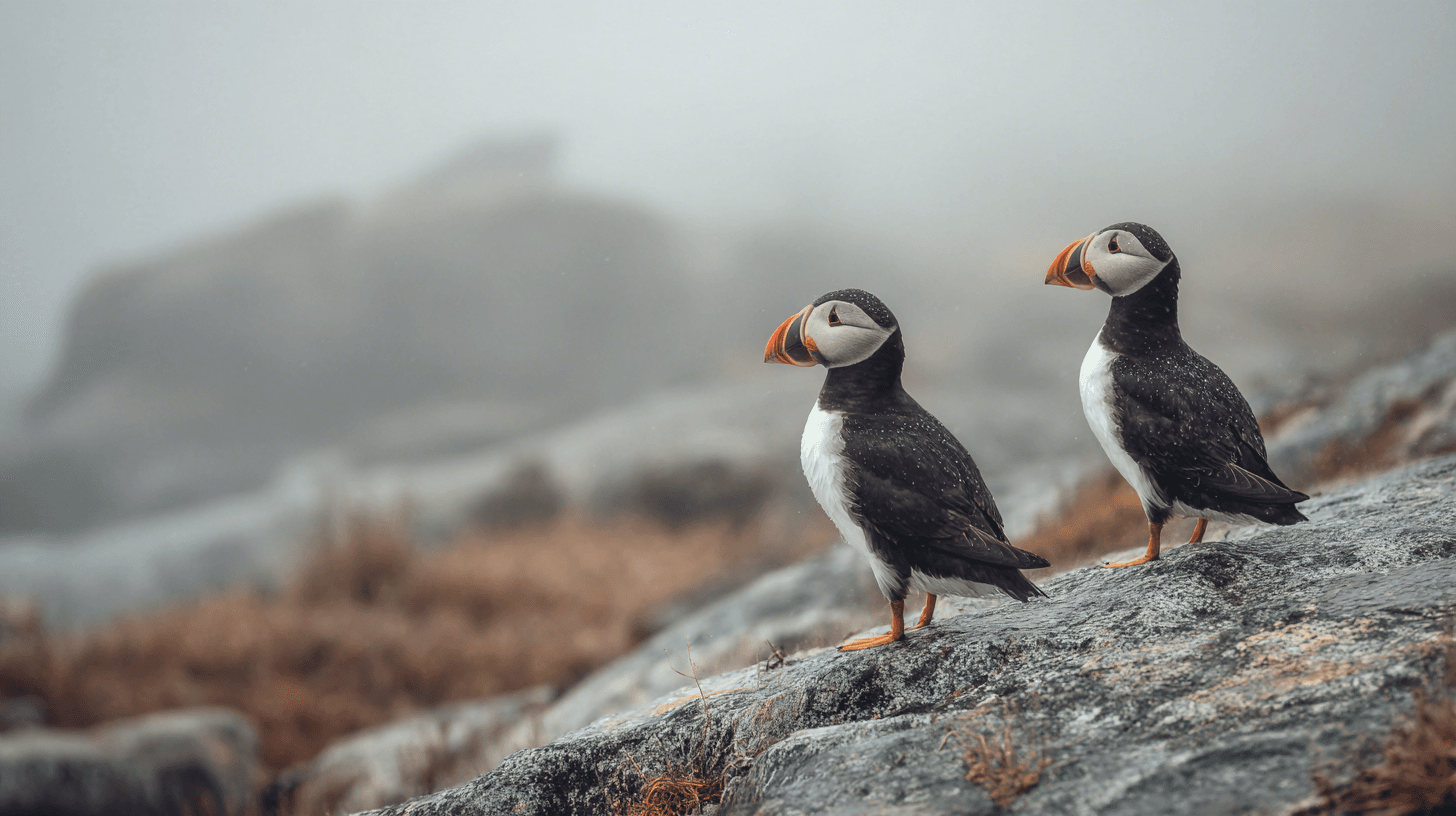 Two Atlantic puffins perched on a granite ledge, bright orange beaks vivid against grey Atlantic fog, Downeast Maine coast