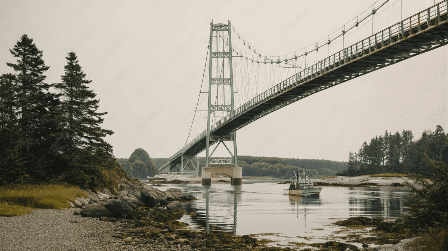 The Deer Isle-Sedgwick suspension bridge from below, late afternoon gold light filtering through the steel cables, a single lobster boat passing beneath on the glassy channel, spruce trees reflected in still water