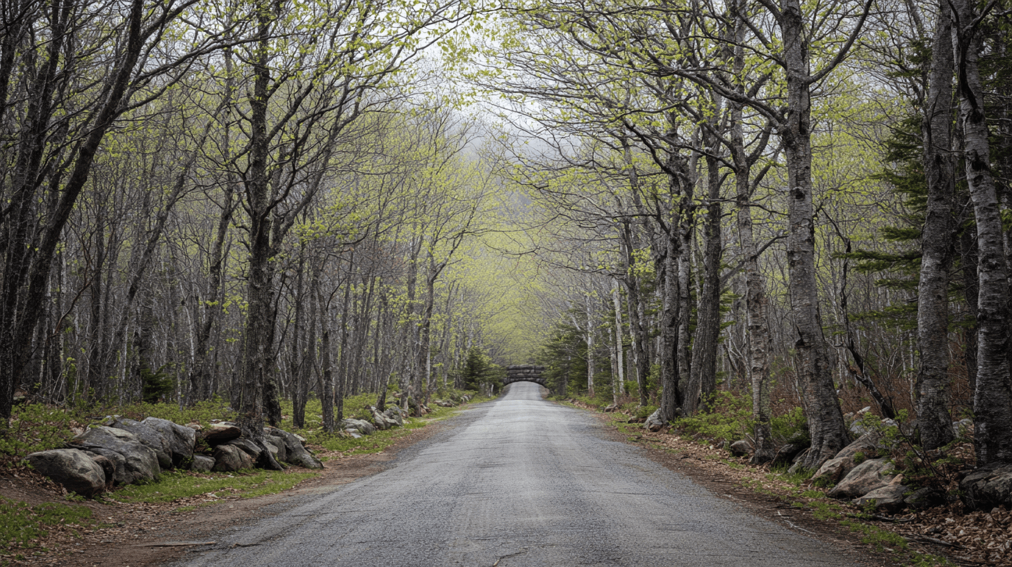 Empty Carriage Road in Acadia National Park, dappled May morning light through bare birch trees just leafing out, granite bridge in the middle distance, a cyclist barely visible far ahead, absolute stillness