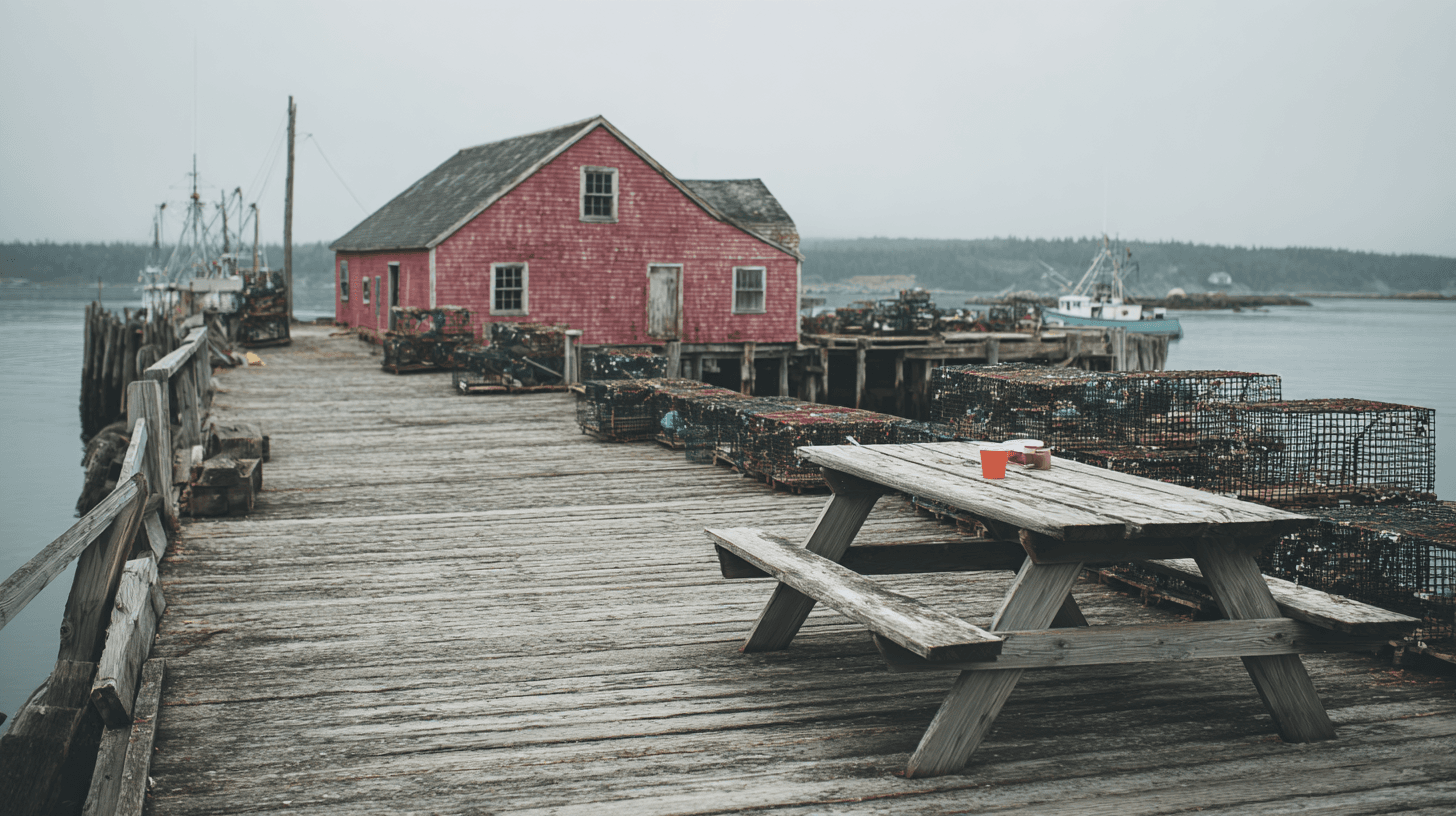 A classic red-painted lobster pound at the end of a working pier in a small Downeast Maine harbor, May afternoon, paper cups of chowder on a weathered picnic table, the water calm and silver behind it