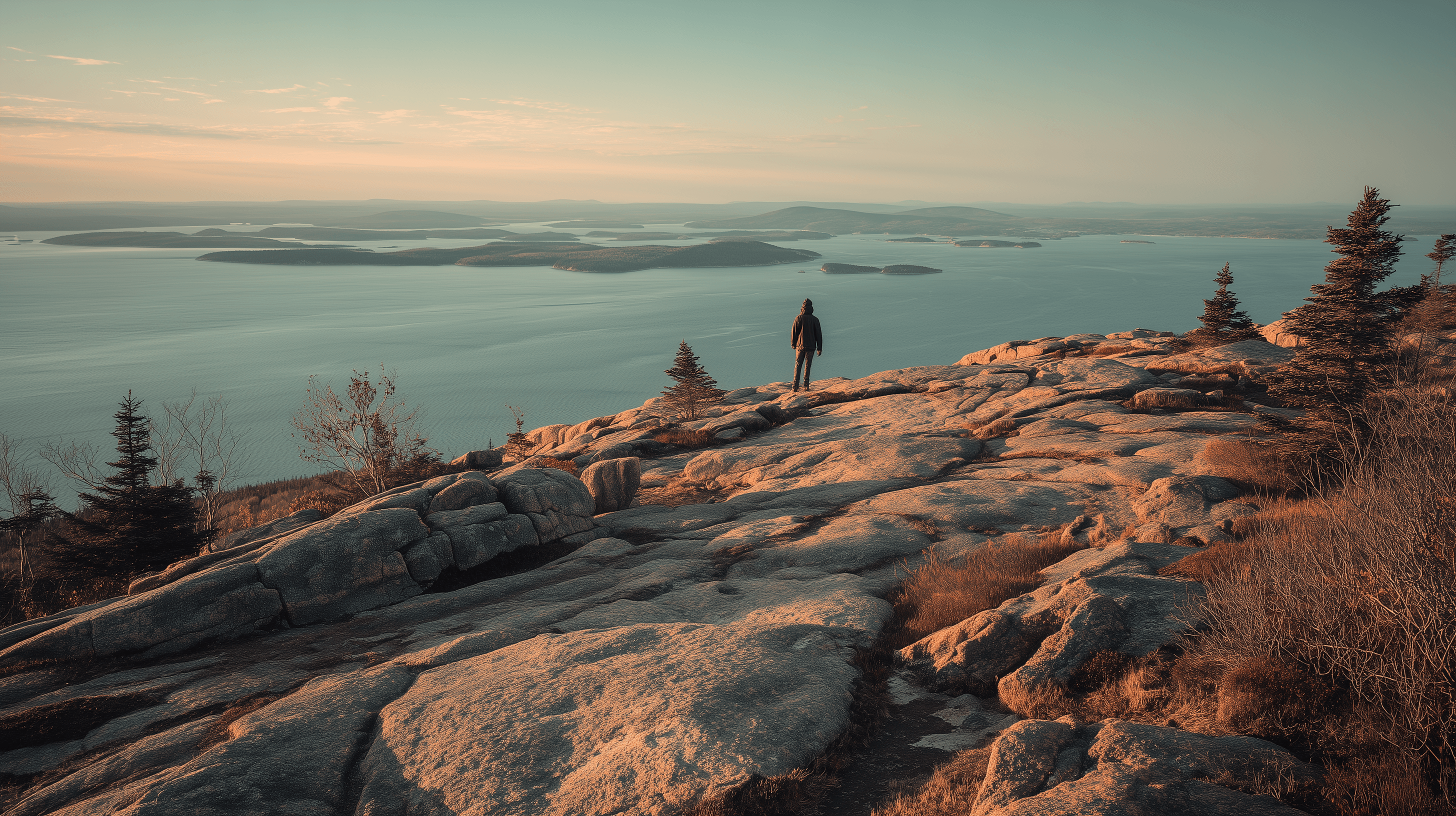 Lone hiker on the pink granite summit of Cadillac Mountain, Acadia National Park, overlooking Frenchman Bay on a clear May morning