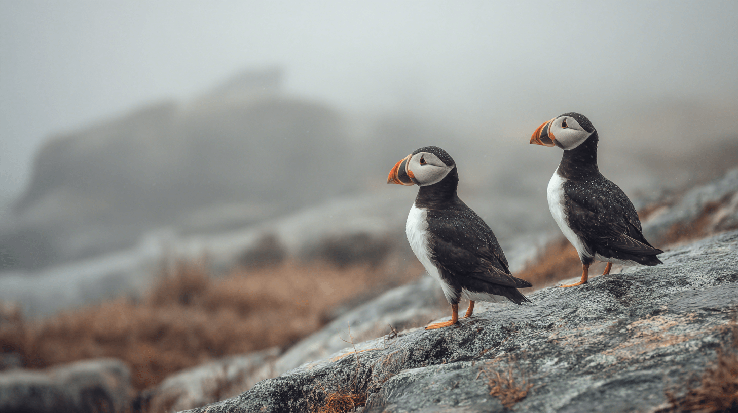 Two Atlantic puffins perched on a granite ledge, bright orange beaks vivid against grey Atlantic fog, Downeast Maine coast